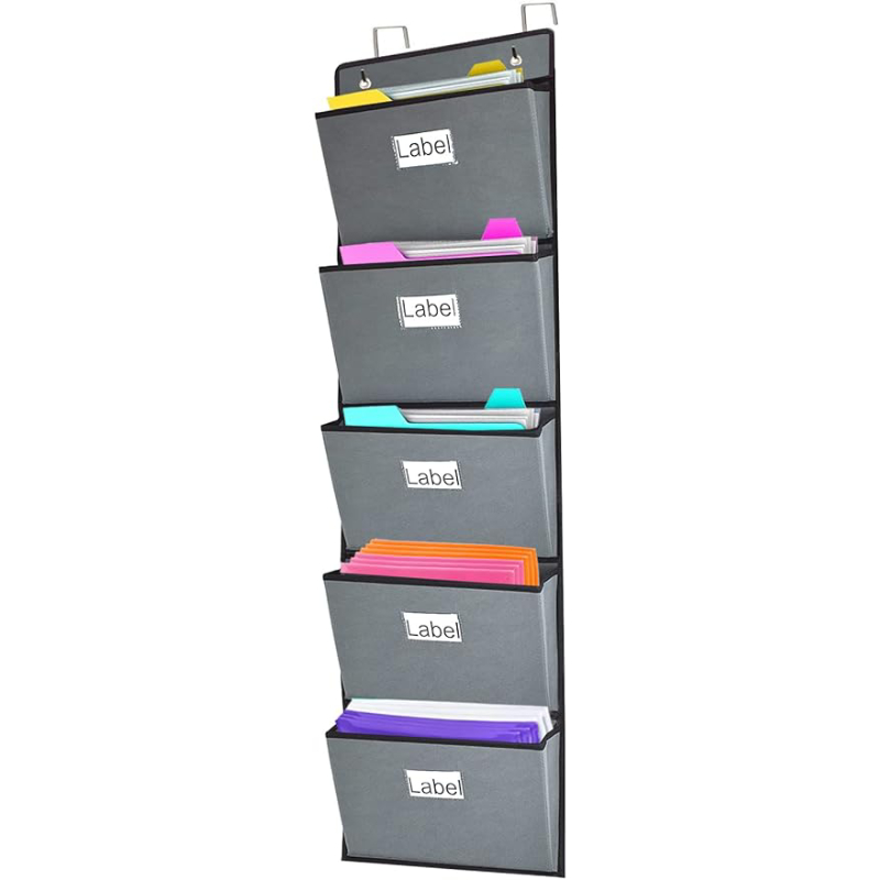 Door mounted file storage box with 5 large pockets and wall mounted folder storage clip