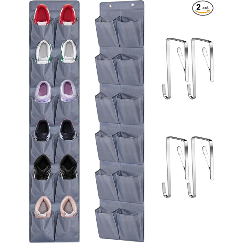 Door shoe storage bag with 12 large pockets, sturdy Oxford fabric shoe rack for wardrobe storage and storage, gray, 2-piece set