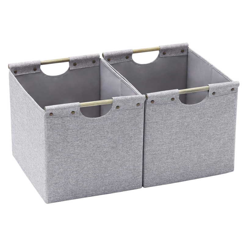Large foldable storage box, made of linen fabric, 2-piece set, with wooden handle and sturdy thick cardboard, suitable for home, office, car, daycare, light gray