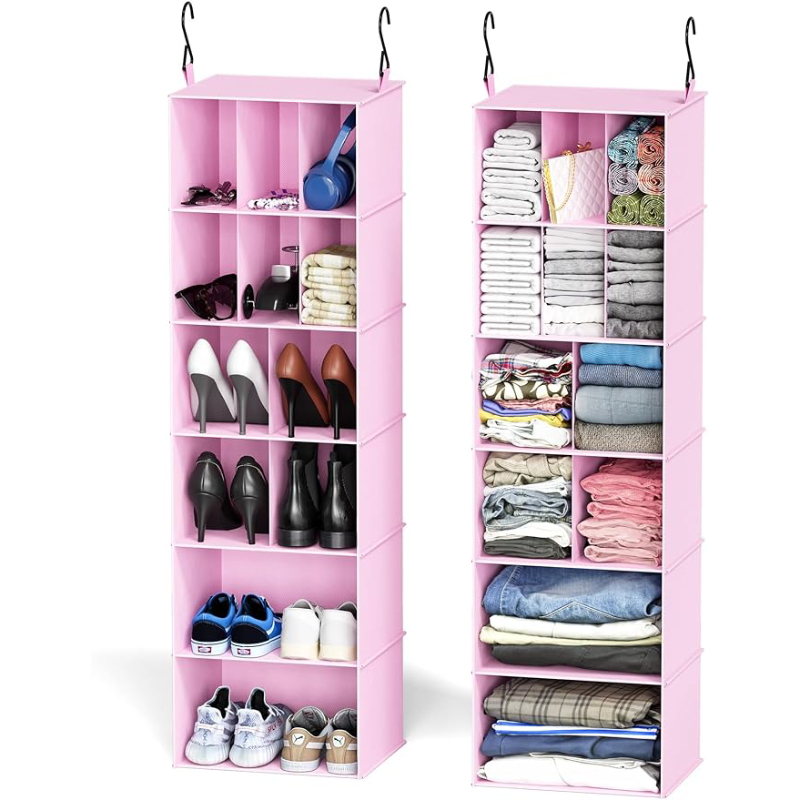 Hanging wardrobe storage bag and storage space, 24 compartments hanging shoe rack - pink