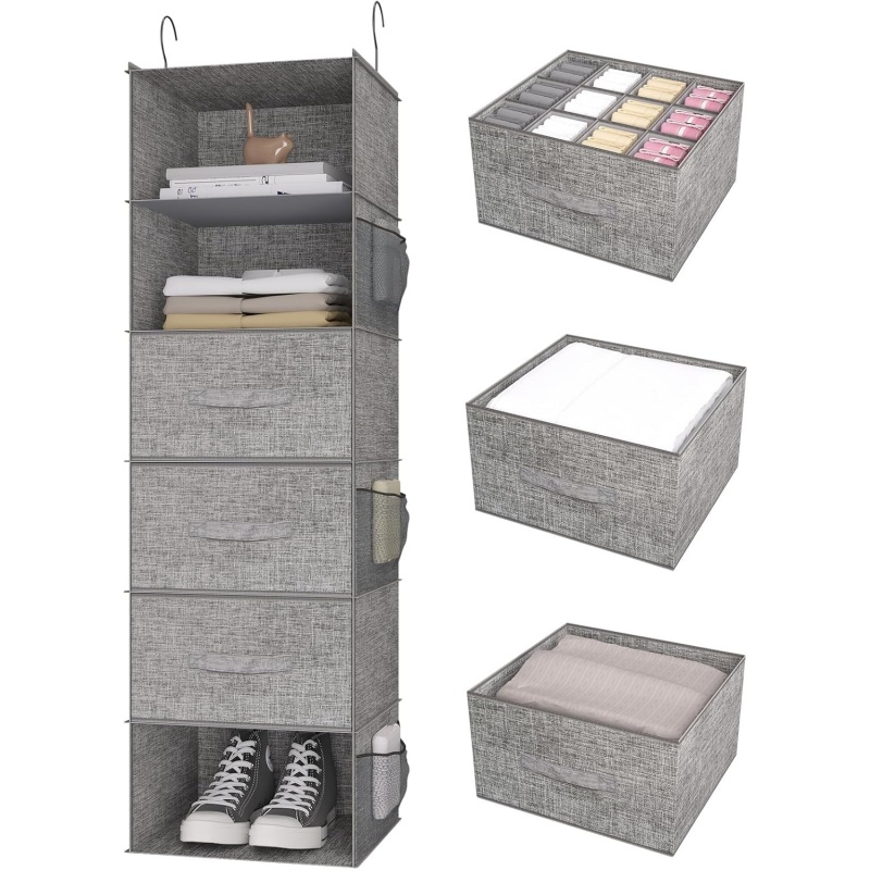 Hanging Closet Organizer 6 Shelves, Closet Organizers and Storage with 3 Drawers